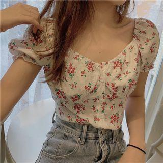 Puff-sleeve Floral Cropped Blouse Floral - Red - One Size
