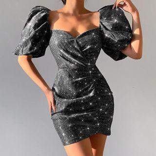 Glitter Square Collar Ruched Mini Bodycon Dress