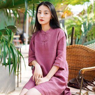 Elbow-sleeve Frog Buttoned Midi A-line Dress