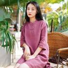 Elbow-sleeve Frog Buttoned Midi A-line Dress