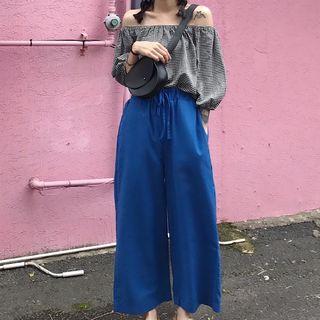 Gingham Off-shoulder Top / Drawstring Waist Wide-leg Pants