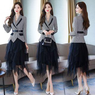 Set: Plaid Blazer + Asymmetrical Mesh Midi A-line Skirt