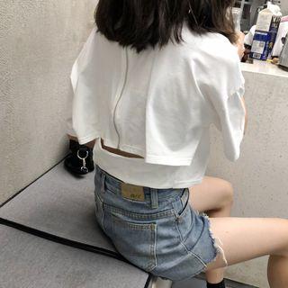Plain Zip Short-sleeve Cropped T-shirt