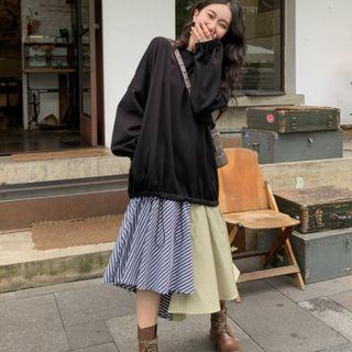 Mock-two Piece Striped Panel Asymmetrical Midi Sweatshirt Dress