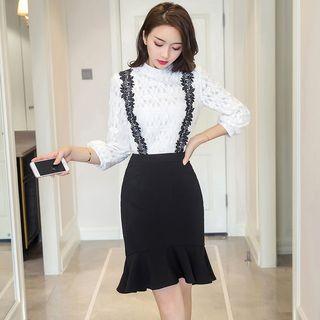 Set: 3/4-sleeve Lace Blouse + Lace Strap Jumper Skirt