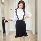 Set: 3/4-sleeve Lace Blouse + Lace Strap Jumper Skirt