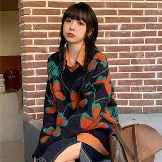 Floral Print Sweater / Plain Shirt