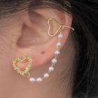 Heart Faux Pearl Earring And Chain Ear Cuff White&gold - 1390a#