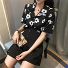 Short-sleeve Flower Print Shirt / Wide Leg Shorts