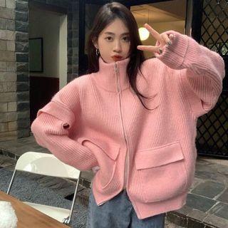Stand Collar Letter Embroidered Zip-up Cardigan