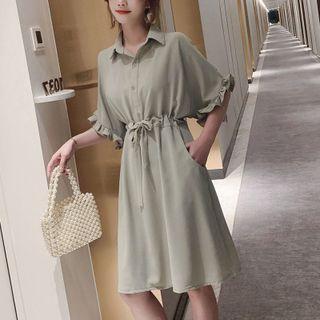 Elbow-sleeve Ruffled Chiffon A-line Shirtdress