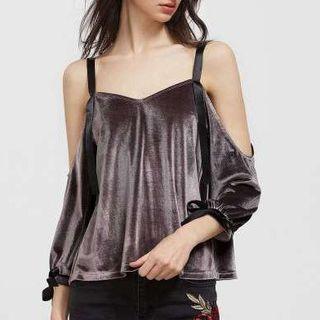 Spaghetti-strap Off-shoulder Sleeveless V-neck Plain Panel Slim Camisole Top