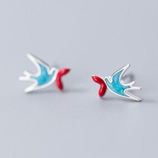 925 Sterling Silver Bird Earring S925 Silver - 1 Pair - Silver & Red & Blue - One Size