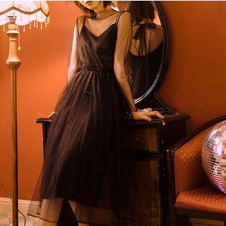 Set: Slipdress + Mock-neck Long-sleeve Mesh Midi Dress