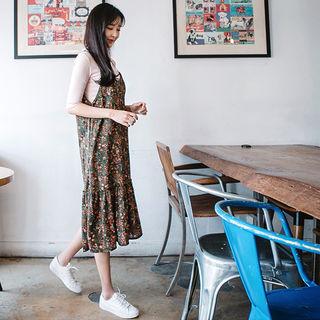 Spaghetti-strap Floral Ruffled Chiffon Dress