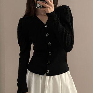Puff-sleeve V-neck Single-breasted Cardigan Black - One Size