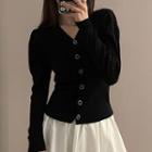 Puff-sleeve V-neck Single-breasted Cardigan Black - One Size
