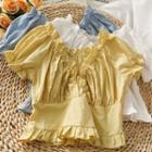 Ruffled-trim Deep V-neck Crop T-shirt