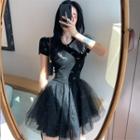 Moon-print Mesh Mini Dress Black - One Size