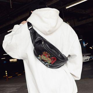 Embroidered Faux Leather Sling Bag Black - One Size