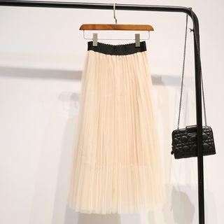 Plain Midi Pleated Mesh Skirt