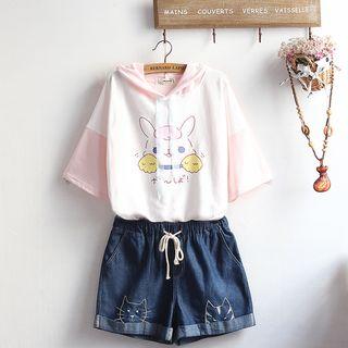 Set: Elbow-sleeve Cartoon Print Hoodie + Denim Shorts