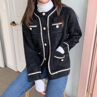 Braided-trim Faux-pearl Fluffy Cardigan