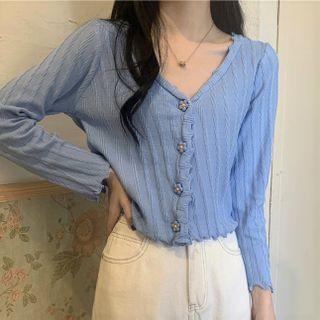 Floral-button V-neck Cardigan