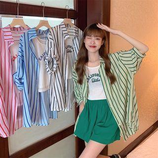 Short-sleeve Striped Shirt / Lettering Tank Top / Wide Leg Shorts / Set