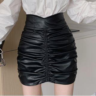 Ruched Faux Leather Mini Pencil Skirt