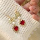 Heart Rhinestone Faux Pearl Alloy Dangle Earring 1 Pair - Hook Earring - Gold Bow & Heart - Red - One Size