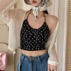 Halter Floral Cropped Camisole Top / Crochet Knit Cardigan