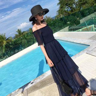 Off-shoulder Short-sleeve Smocked Maxi A-line Dress