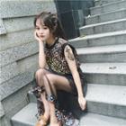 Set : Patterned Sleeveless Dress + Mesh Midi Skirt