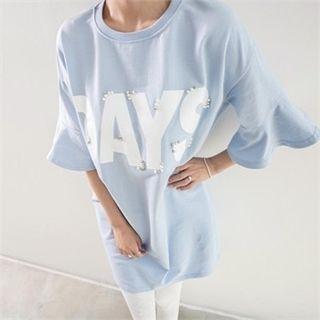Ruffle-sleeve Lettering T-shirt