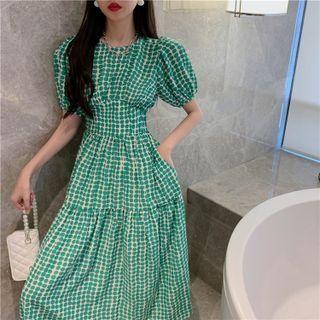 Puff-sleeve Slim-fit Midi Dress Green - One Size