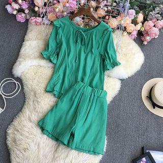 Set: Short-sleeve Tie Neck Blouse + Shorts