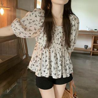 Puff-sleeve Floral Tunic Blouse Floral - White - One Size