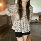 Puff-sleeve Floral Tunic Blouse Floral - White - One Size