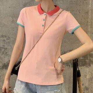 Polo-neck Color Block Cropped Short-sleeve T-shirt