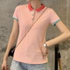 Polo-neck Color Block Cropped Short-sleeve T-shirt
