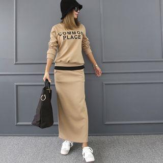 Set: Letter Print Layered-hem Sweatshirt + Midi Skirt