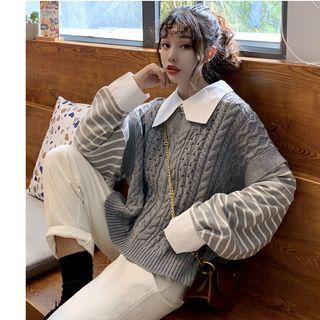Striped Blouse / Cable-knit Vest