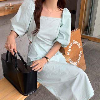 Puff-sleeve Square Neck Cutout Plain Dress