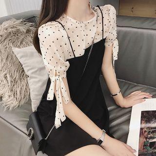 Heart Print Short-sleeve Mock Two-piece Dress