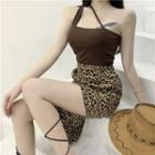Halter-neck Camisole Top / Leopard Print Asymmetrical Midi Pencil Skirt