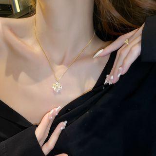 Flower Rhinestone Stainless Steel Pendant Necklace 1pc - Gold - One Size