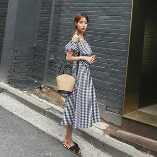 Off-shoulder Gingham Long Dress With Sash