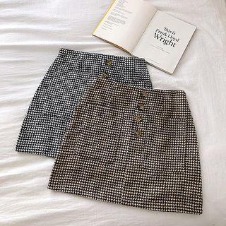 Houndstooth Single-breasted High-waist Skirt