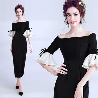 Bell-sleeve Off-shoulder Slit-side Midi Dress